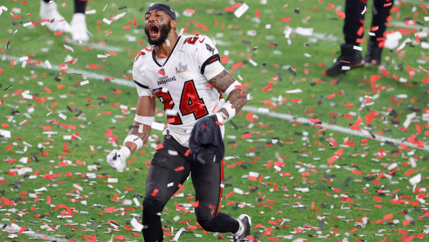 Feb 7, 2020; Tampa, FL, USA; Tampa Bay Buccaneers cornerback Carlton Davis (24) celebrates after defeating the Kansas City Chiefs in Super Bowl LV at Raymond James Stadium. Mandatory Credit: Kim Klement-USA TODAY Sports